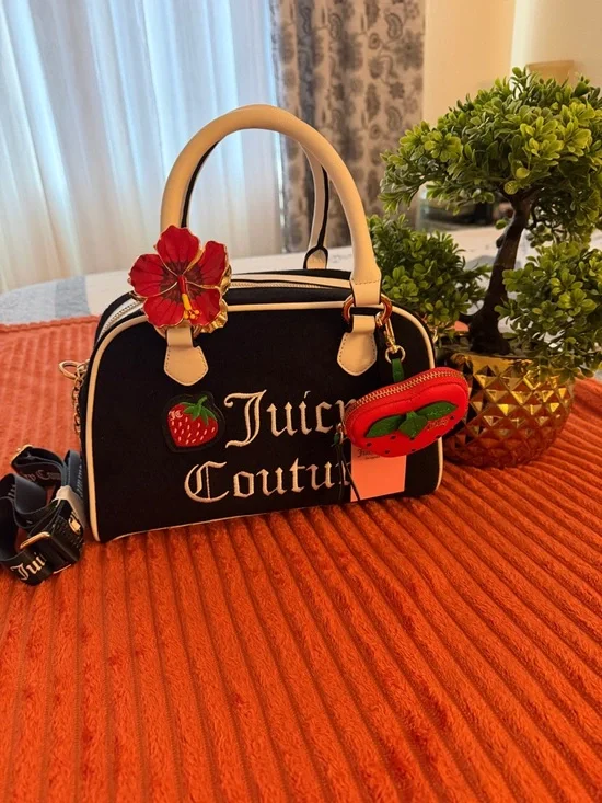 Juicy Couture Black Satchel with White Trim & Strawberry Charm - Picture 3 of 16
